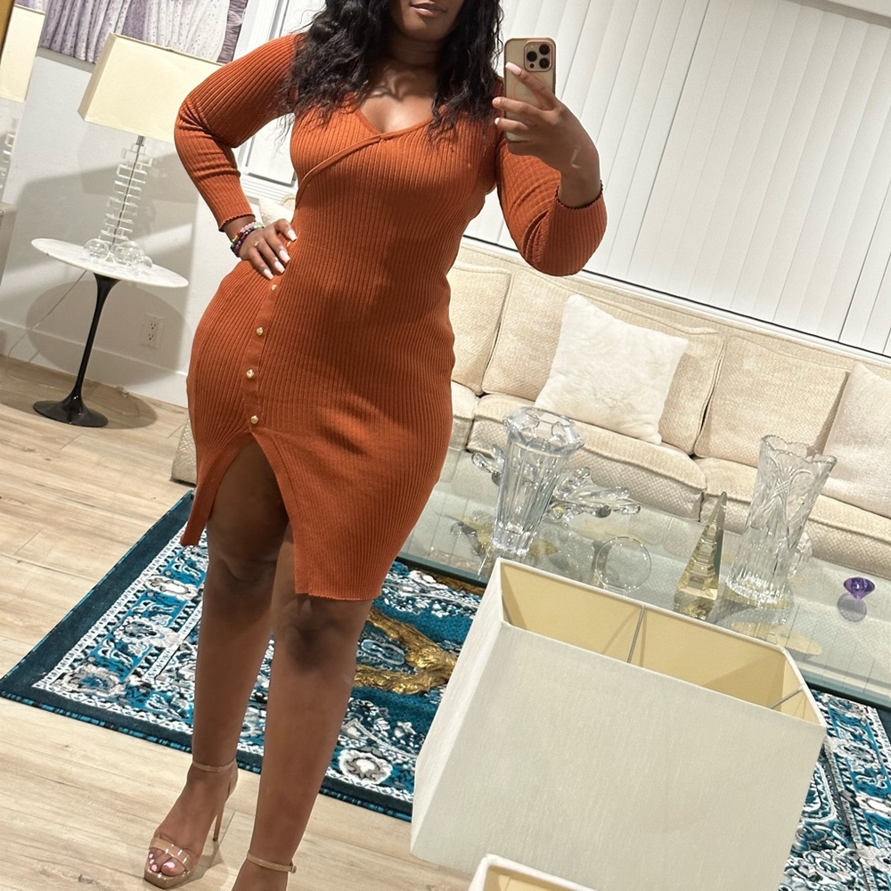 Rusted orange ribbed button long sleeve dress Size L sweater dress
